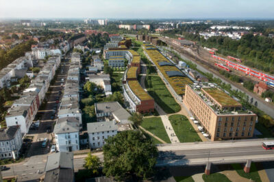 Vogelperspektive auf das neue Quartier Neue Meile in Lübeck St. Lorenz