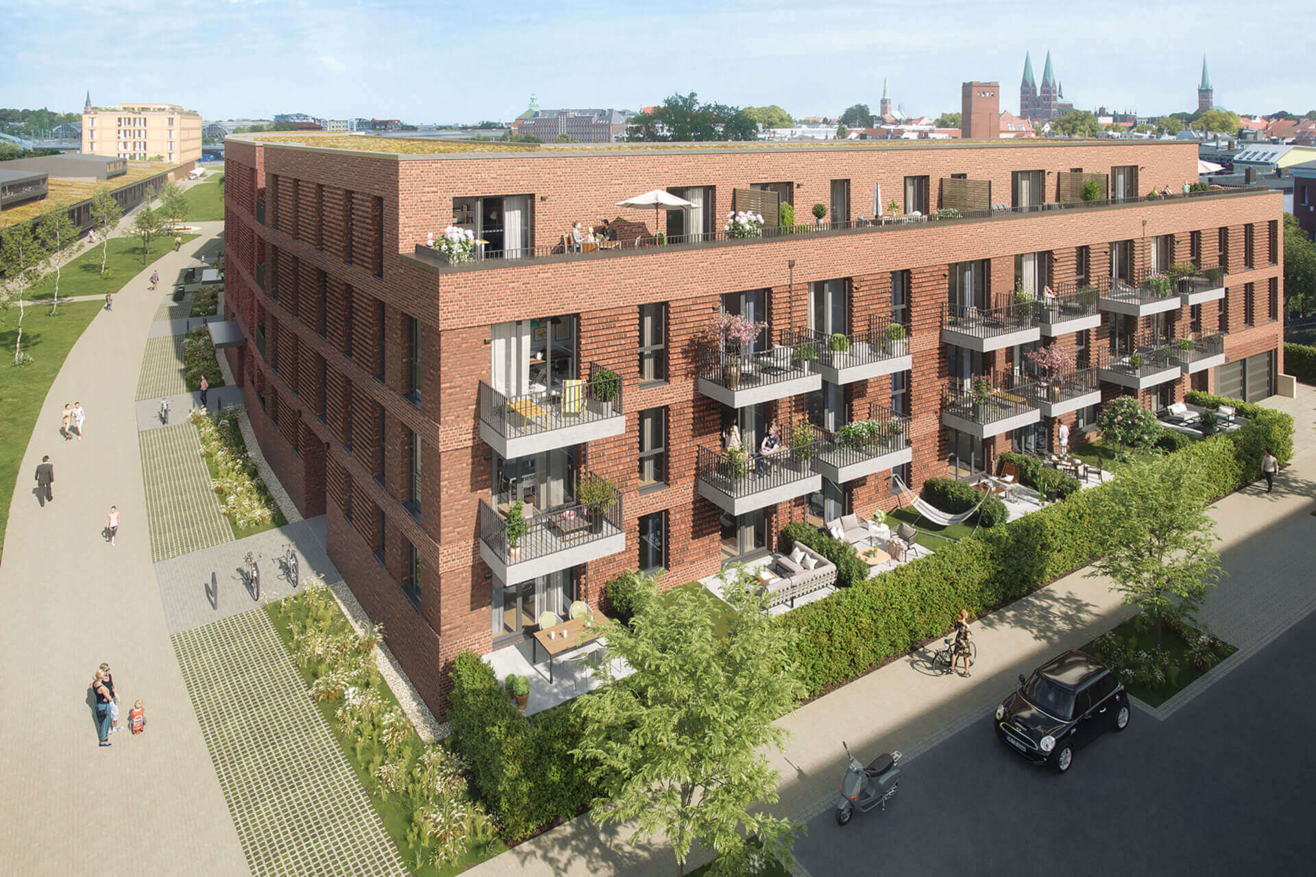 Visualisierung eines Häuserblocks von Bauabschnitt 4 im Quartier Neue Meile in Lübeck