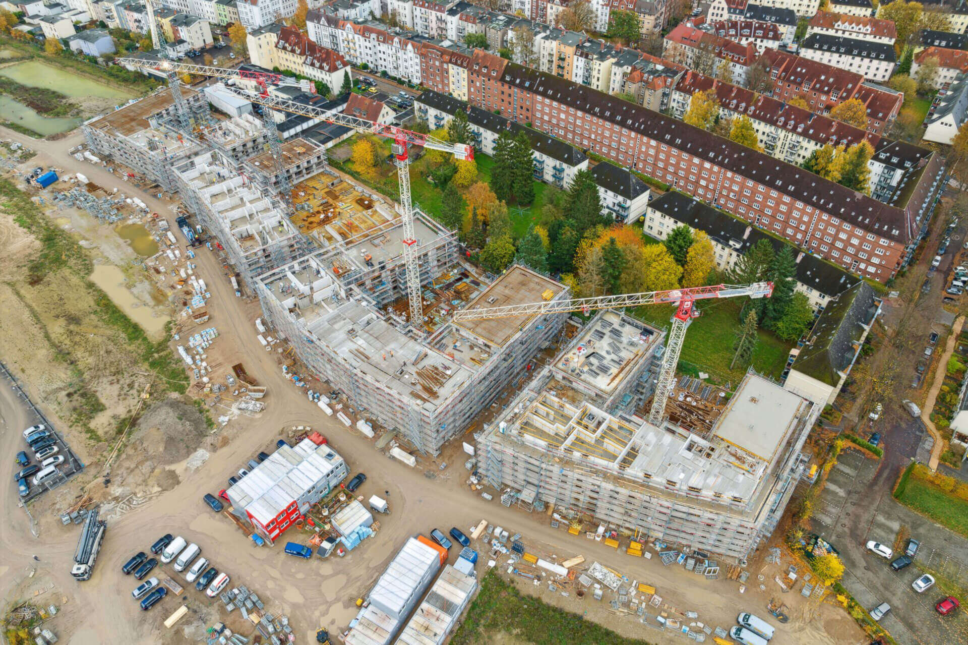 Neue Meile – der Baufortschriftt der Gebäude im Quartier aus der Draufsicht.