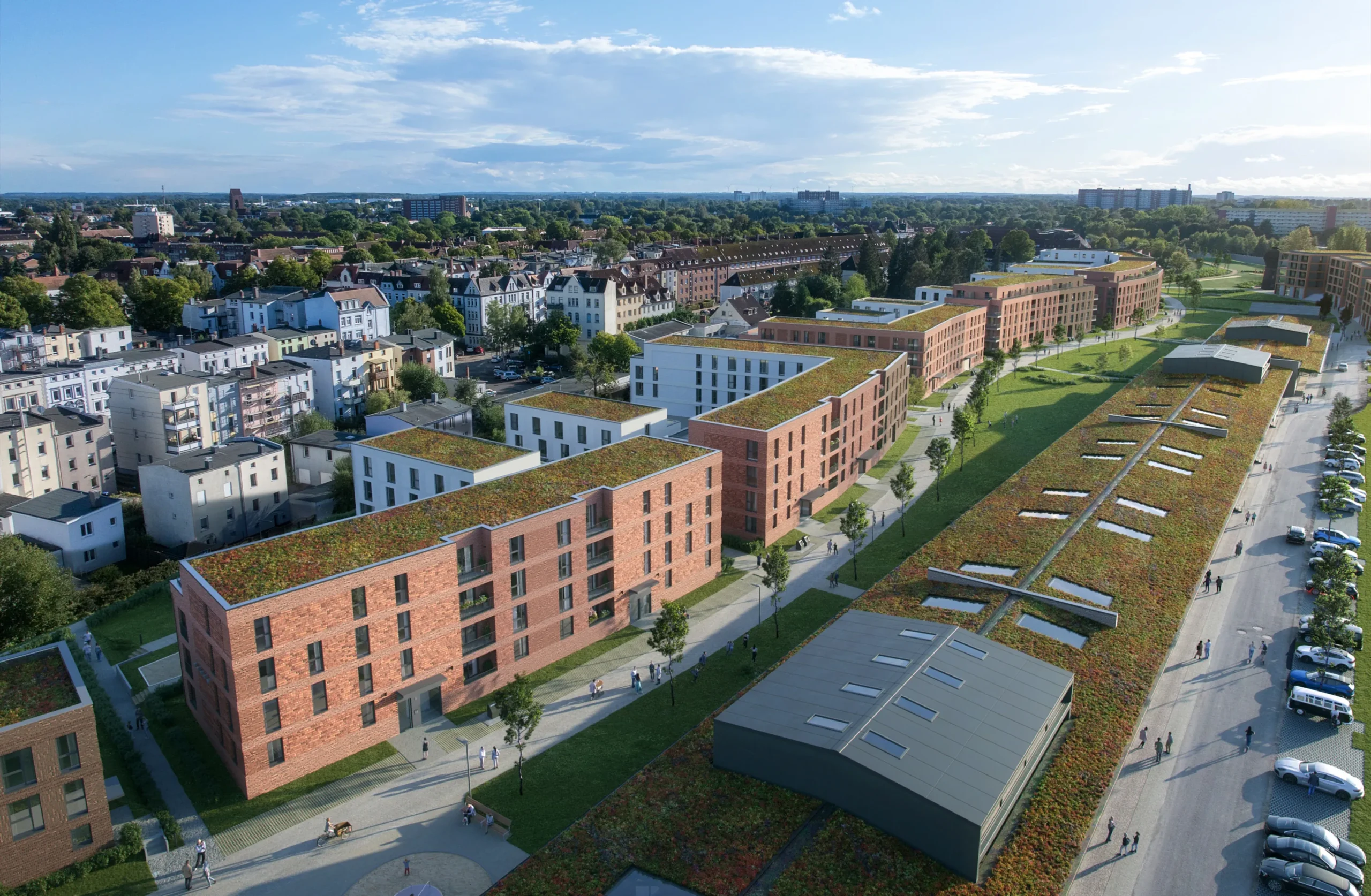 Blick aus der Vogelperspektive auf die Wohnunggebäude des Quartiers Neue Meile in Lücbeck